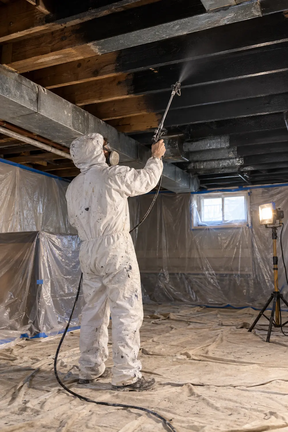 Painter in a respirator and coveralls spraying basement ceiling joists black with an airless sprayer, walls and floor covered in plastic