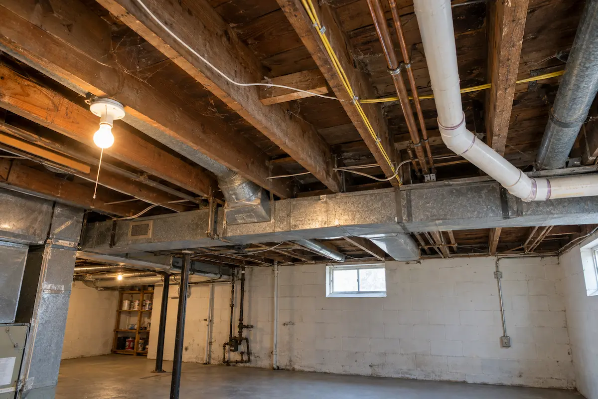 Unfinished basement ceiling with bare wood joists, galvanized ductwork, copper and PVC pipes, and wiring