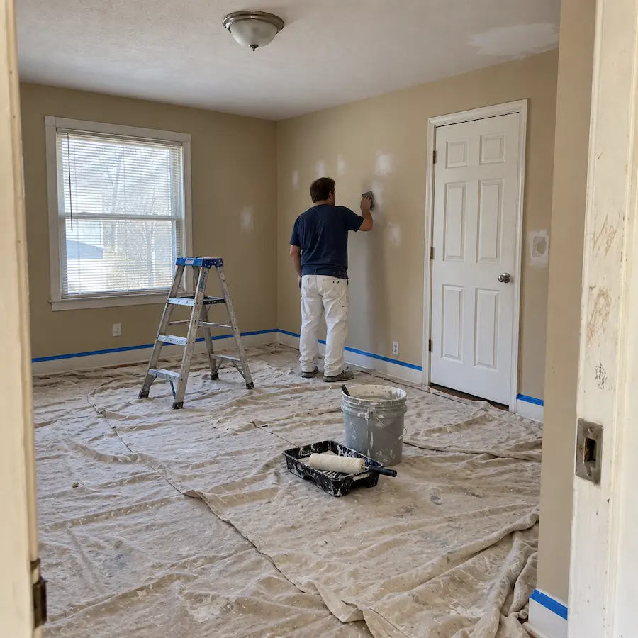The same room mid-turnover, with patched walls, drop cloths, taped baseboards, and a painter sanding
