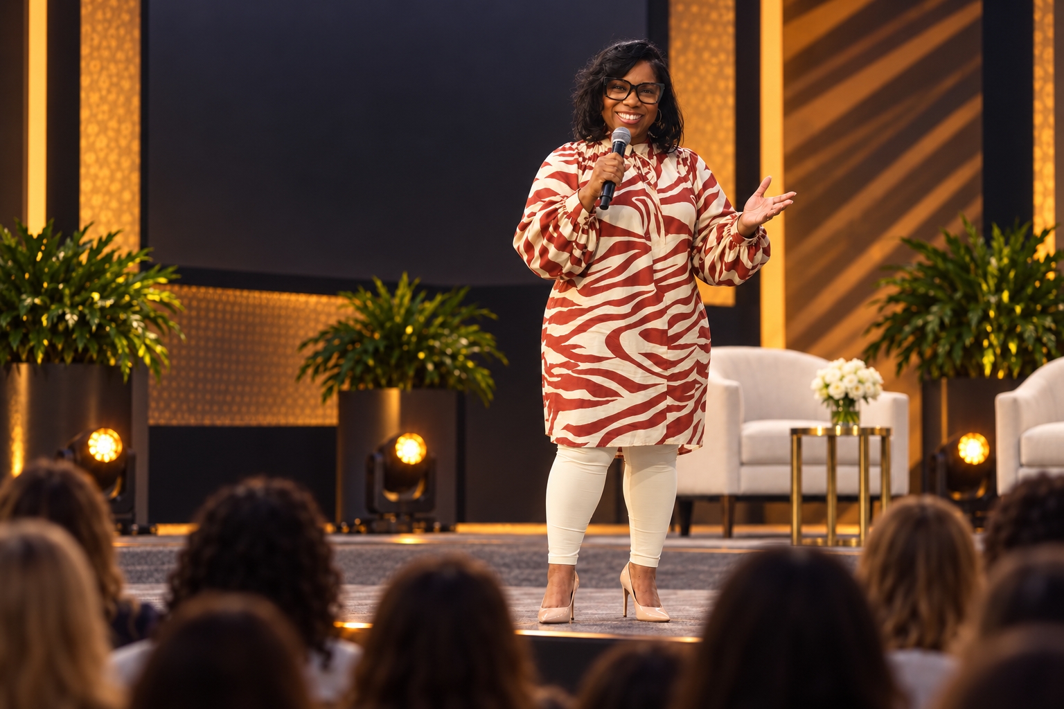 Inspire - Braver leaders, bigger possibility. Frances GoMillion speaking on stage with microphone