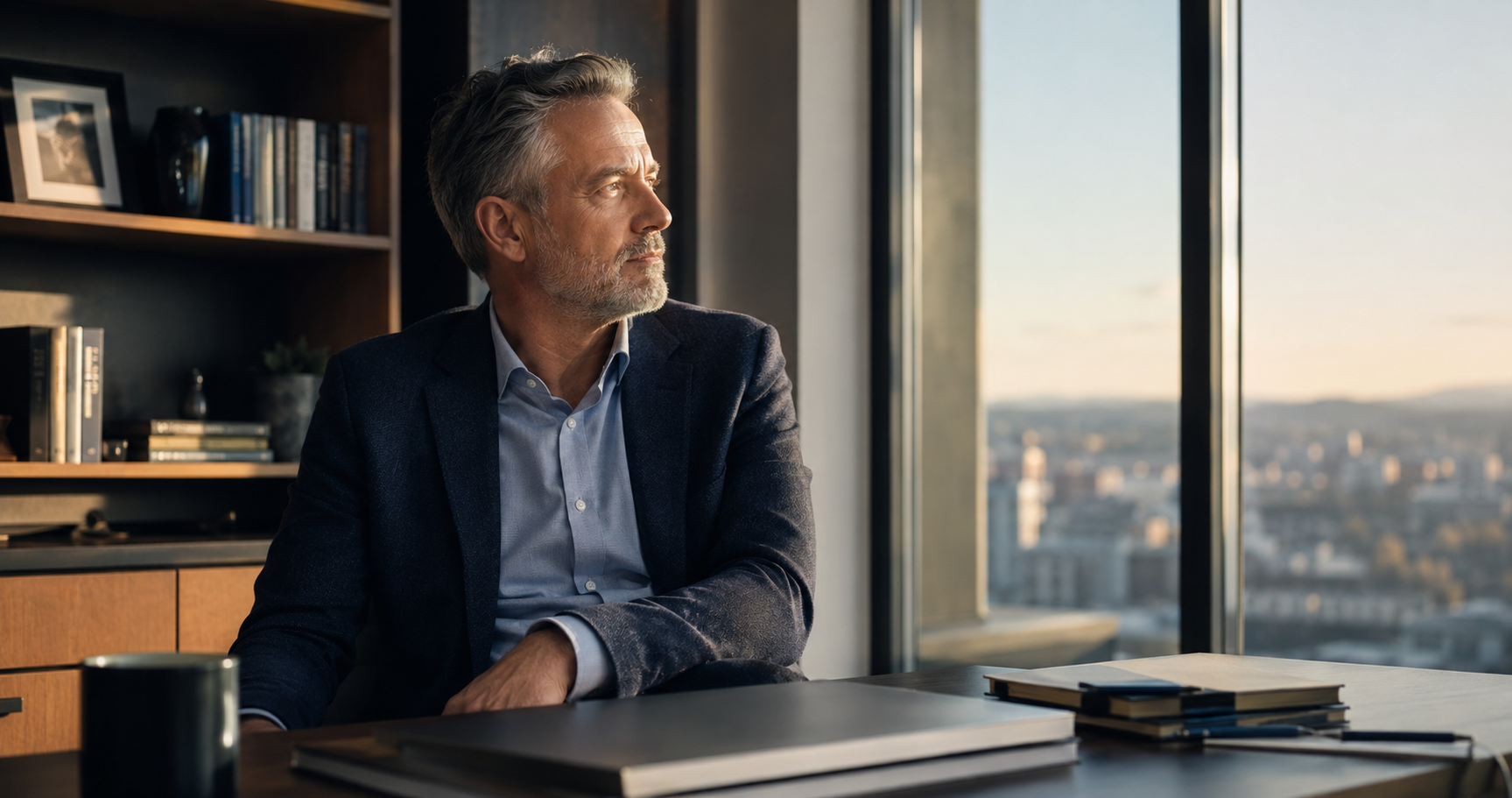 A thoughtful middle-aged professional sits at his desk, looking out a large office window toward the city in warm evening light.