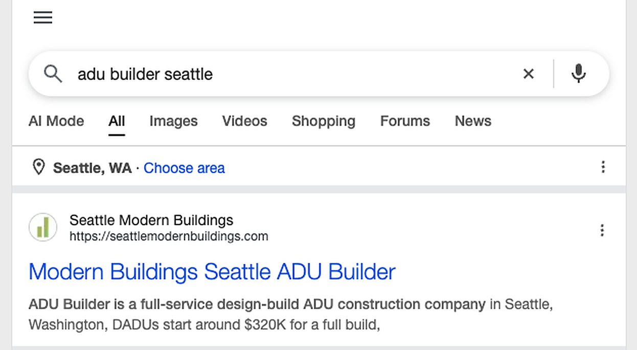 Google results for ADU builder Seattle with Seattle Modern Buildings as the first website