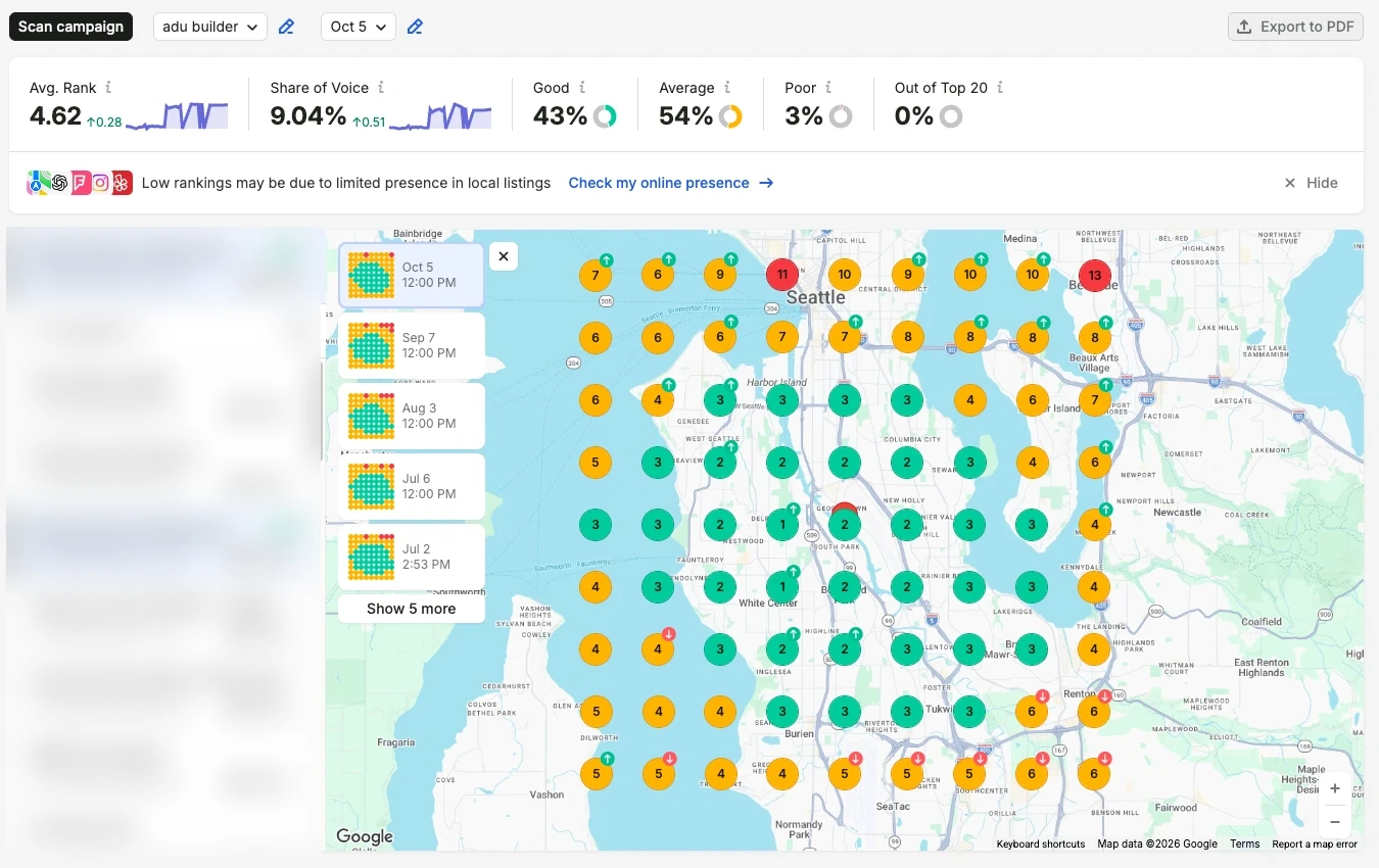 Google Maps rank grid for ADU builder across Seattle, October 2026