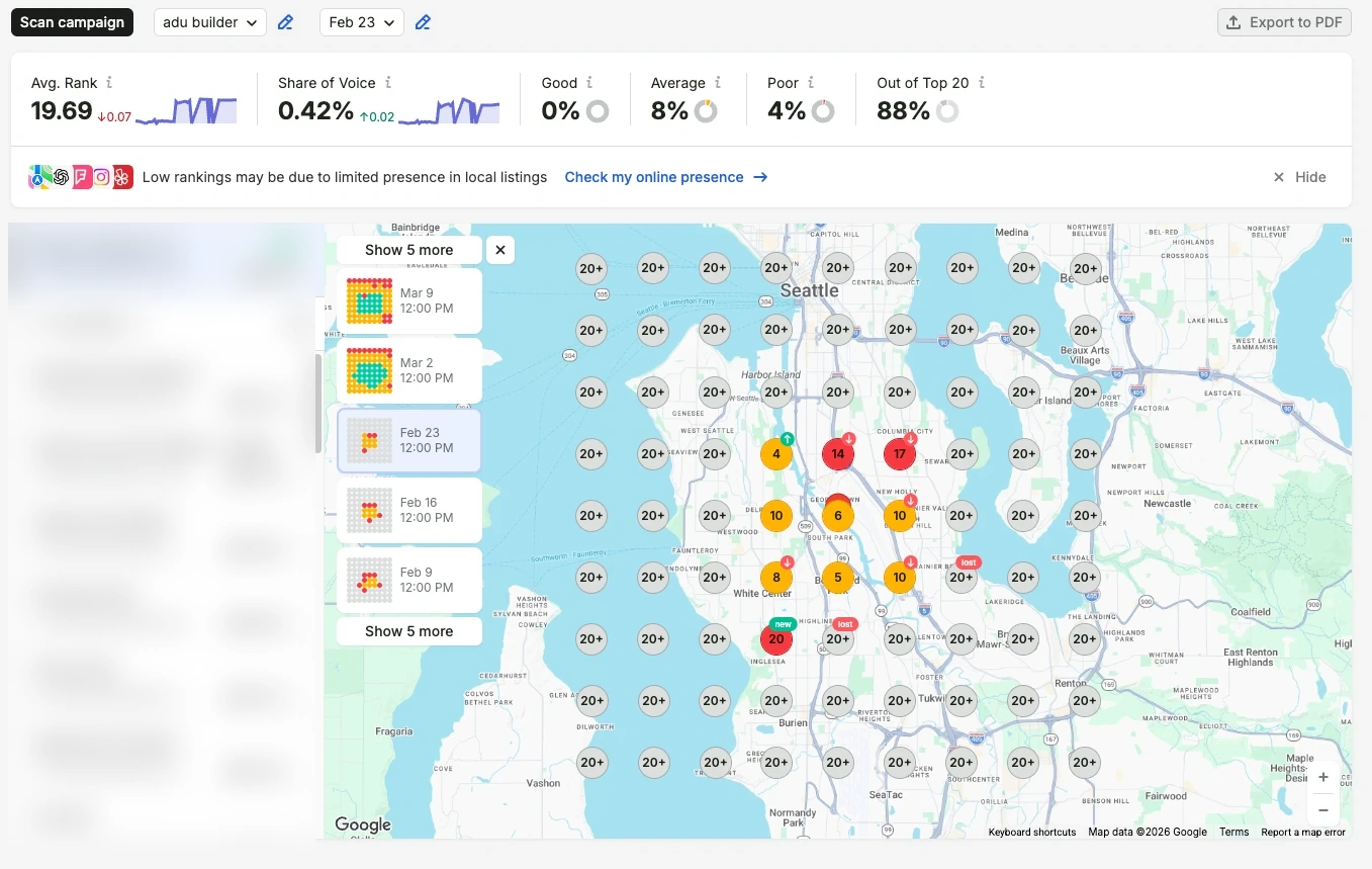 Google Maps rank grid for ADU builder across Seattle, February 2026