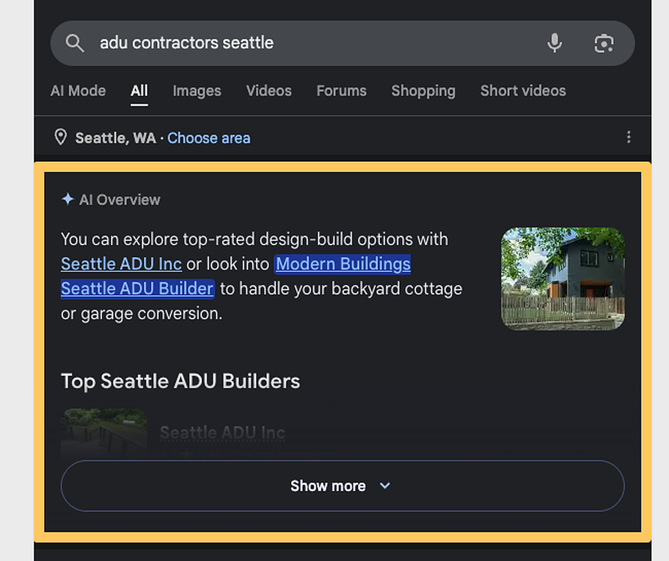 Google AI Overview naming Seattle Modern Buildings for ADU contractors Seattle
