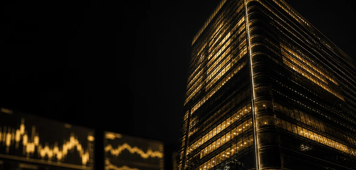 Moderne Bürotürme bei Nacht in goldenem Licht – Sinnbild für ein Tech-Unternehmen vor dem Börsengang