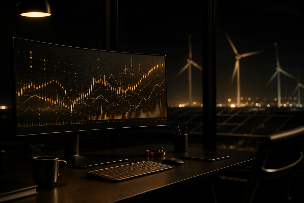 Trading-Arbeitsplatz mit Bildschirmen bei Nacht, im Hintergrund Windräder – Sinnbild für KI und grüne Energie