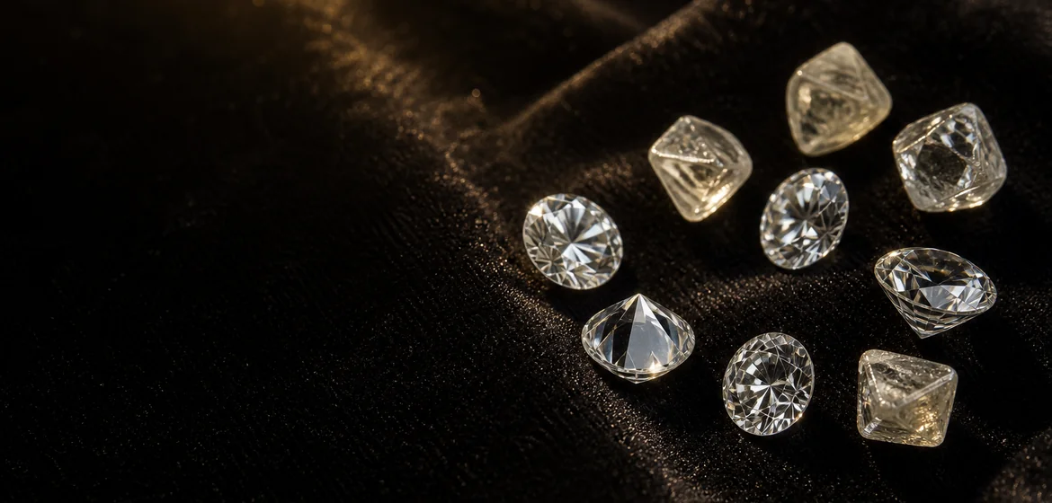 Lose funkelnde Rohdiamanten auf dunklem Samt in goldenem Licht – Sinnbild für Diamanten als Sachwert