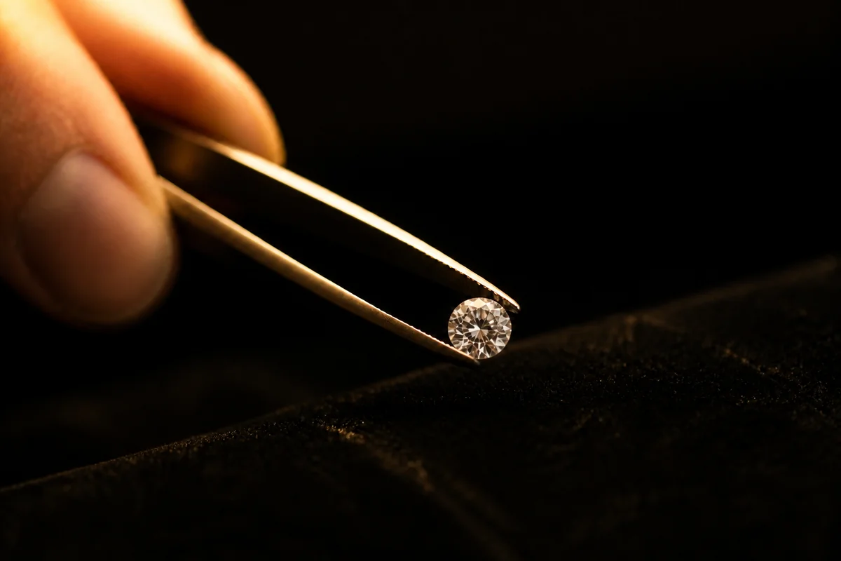 Nahaufnahme eines geschliffenen Diamanten mit Pinzette bei der Begutachtung, goldenes Licht