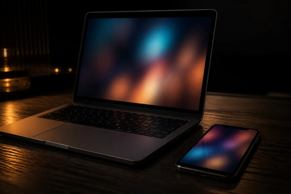 Laptop und Smartphone mit automatisiertem Content-Planer bei Gold-Licht