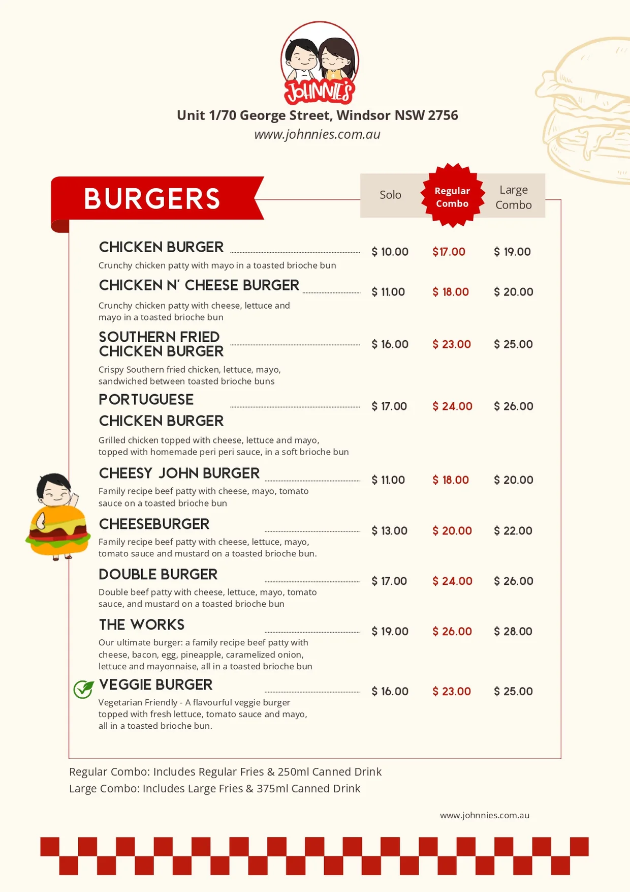 Johnnie's burger menu: Chicken, Chicken N' Cheese, Southern Fried Chicken, Portuguese Chicken, Cheesy John, Cheeseburger, Double Burger, The Works and Veggie Burger, solo or combo, with prices