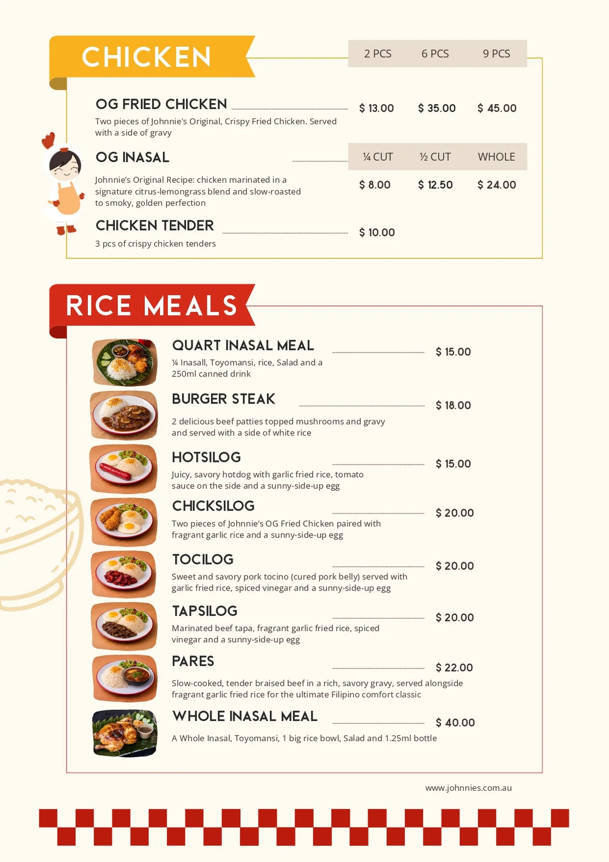 Johnnie's menu page: Chicken (OG Fried Chicken, OG Inasal, Chicken Tender) and Rice Meals (Quarter Inasal Meal, Burger Steak, Hotsilog, Chicksilog, Tocilog, Tapsilog, Pares, Whole Inasal Meal) with prices