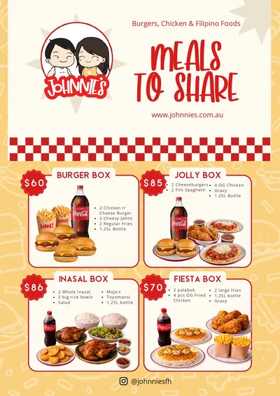 Johnnie's Meals to Share menu: Burger Box, Jolly Box, Inasal Box and Fiesta Box with what's inside each and prices