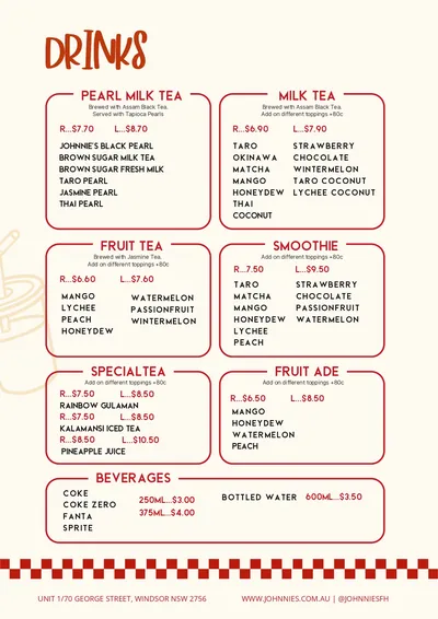 Johnnie's drinks menu: pearl milk tea, milk tea, fruit tea, smoothies, special teas including Rainbow Gulaman and Kalamansi Iced Tea, fruit ade and soft drinks, with prices