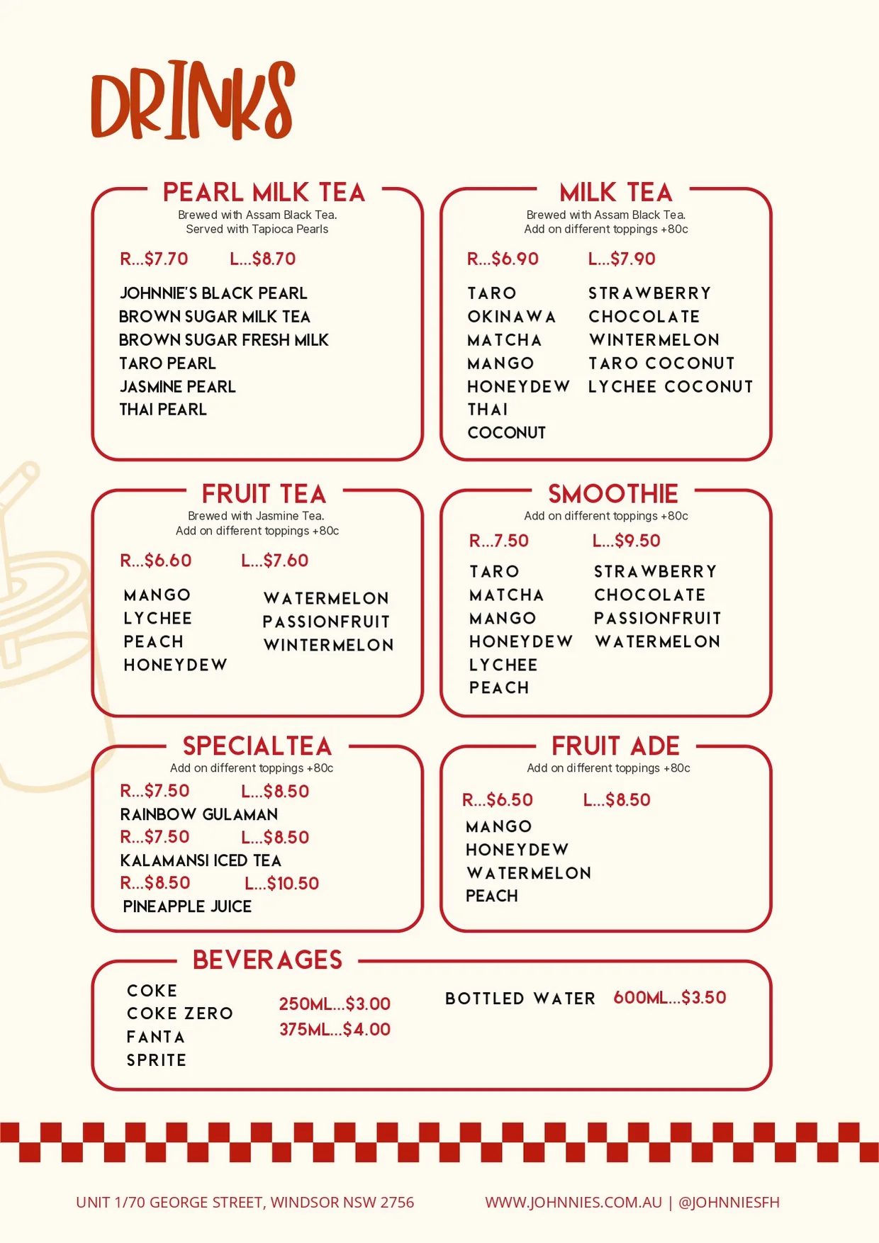 Johnnie's drinks menu: pearl milk tea, milk tea, fruit tea, smoothies, special teas including Rainbow Gulaman and Kalamansi Iced Tea, fruit ade and soft drinks, with prices