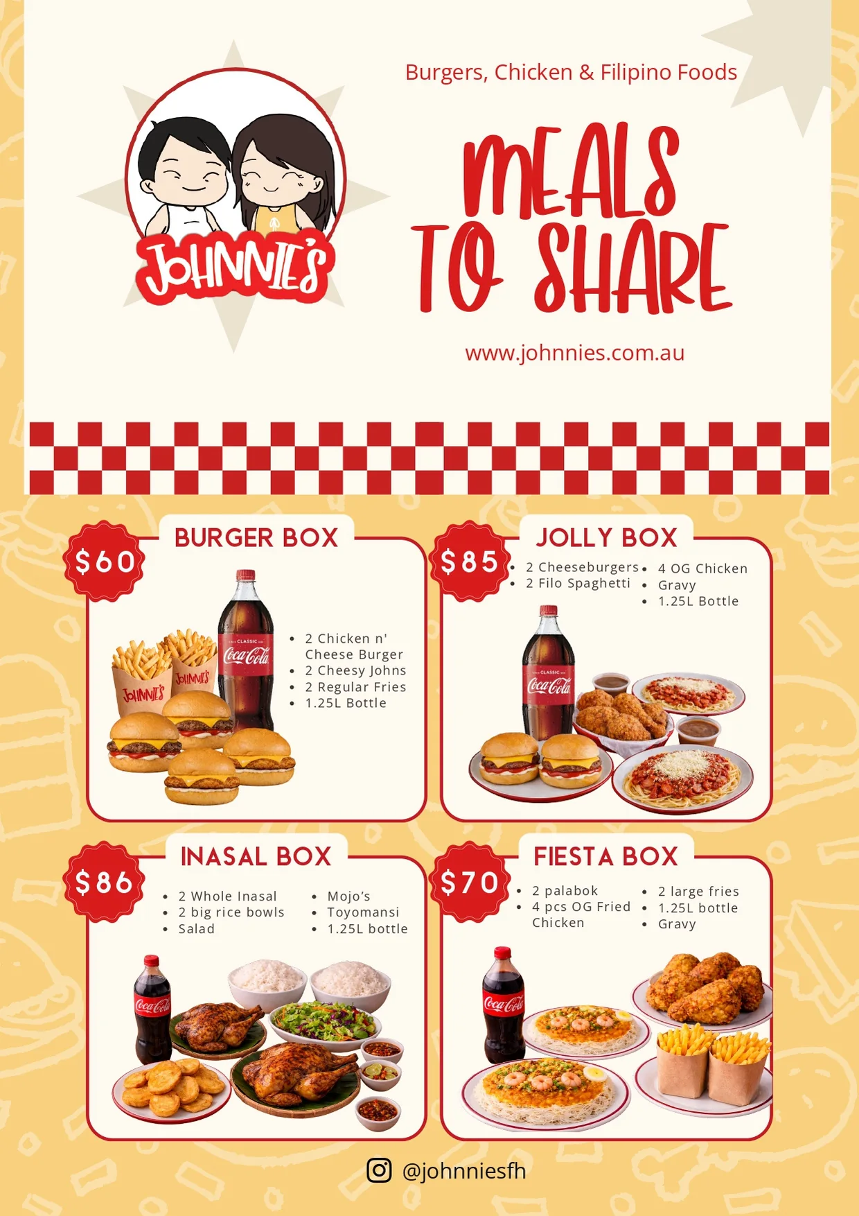 Johnnie's Meals to Share menu: Burger Box, Jolly Box, Inasal Box and Fiesta Box with what's inside each and prices
