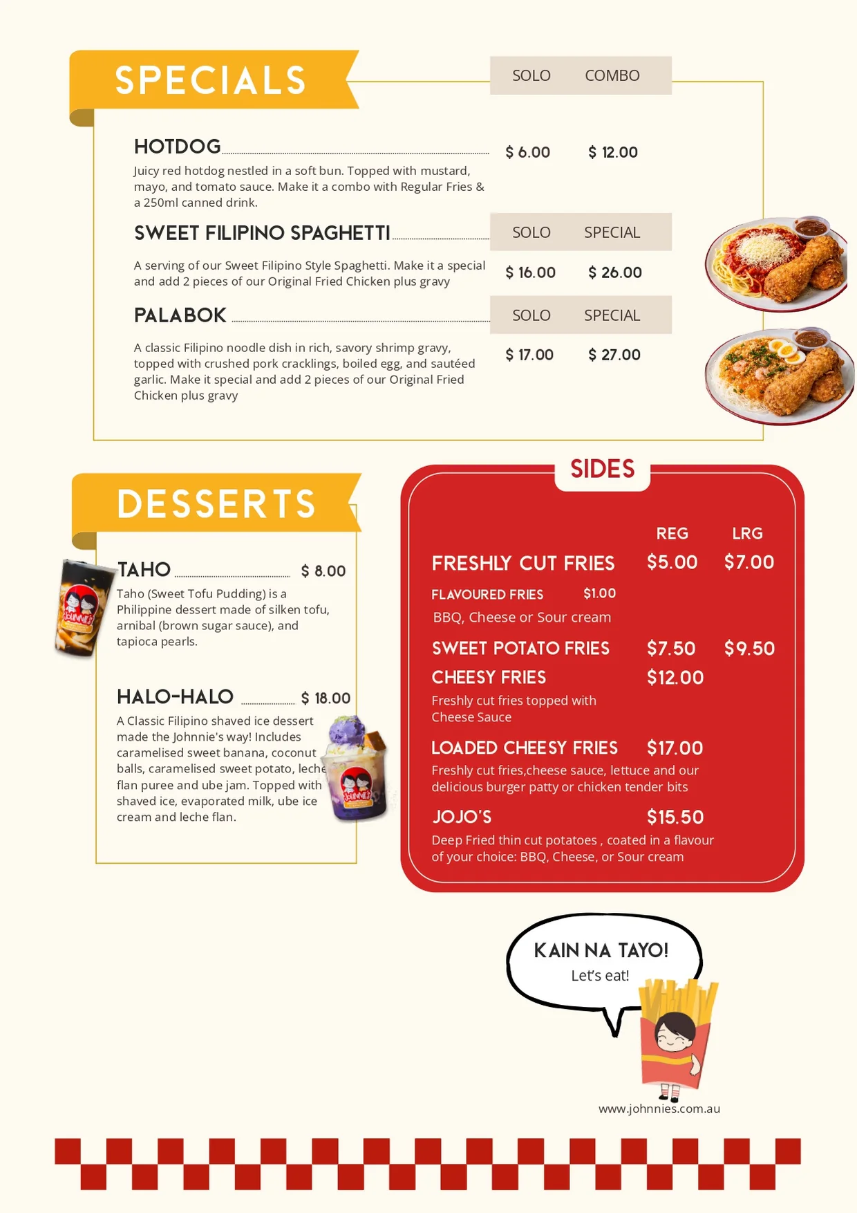 Johnnie's menu page: Specials (Hotdog, Sweet Filipino Spaghetti, Palabok), Desserts (Taho, Halo-Halo) and Sides (fries, sweet potato fries, cheesy fries, loaded cheesy fries, Jojo's) with prices