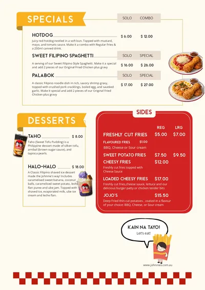 Johnnie's menu page: Specials (Hotdog, Sweet Filipino Spaghetti, Palabok), Desserts (Taho, Halo-Halo) and Sides (fries, sweet potato fries, cheesy fries, loaded cheesy fries, Jojo's) with prices
