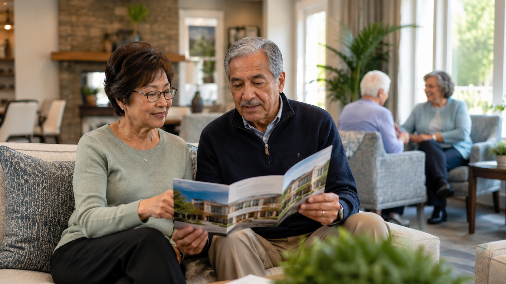Senior couple reviewing independent living options at a Stockton senior community