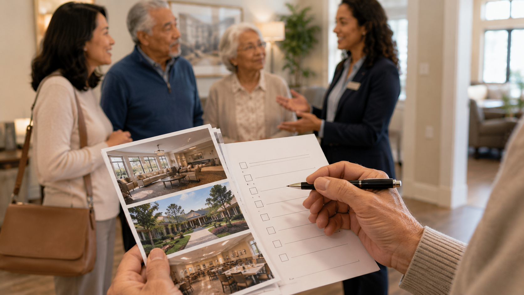 Adult child asking a memory care director questions during a facility tour for a senior parent Adult child asking a memory care director questions during a facility tour for a senior parent