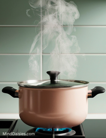 Pot with steam on stove Pot with steam on stove