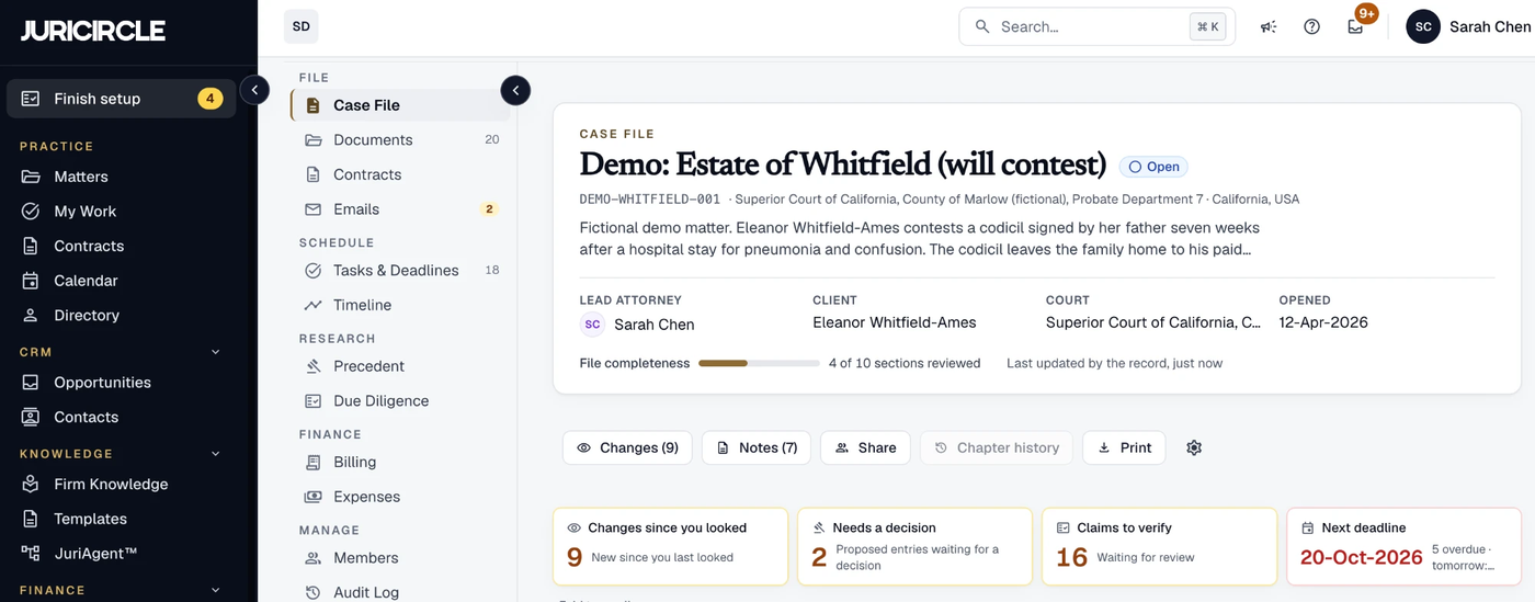 The JuriCircle case file for a matter, with the matter menu, key dates, changes since you last looked and the next deadline.