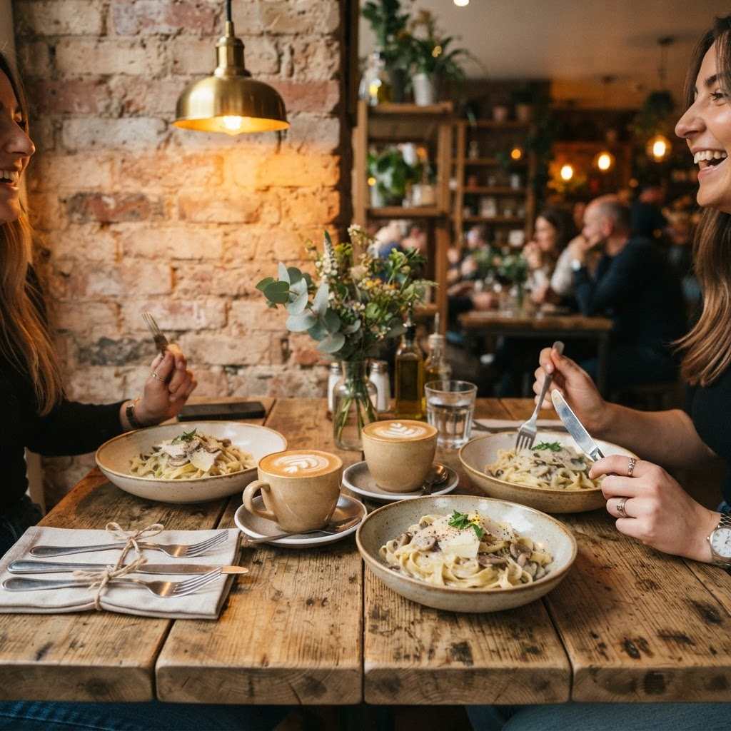 Cafe table with pasta
