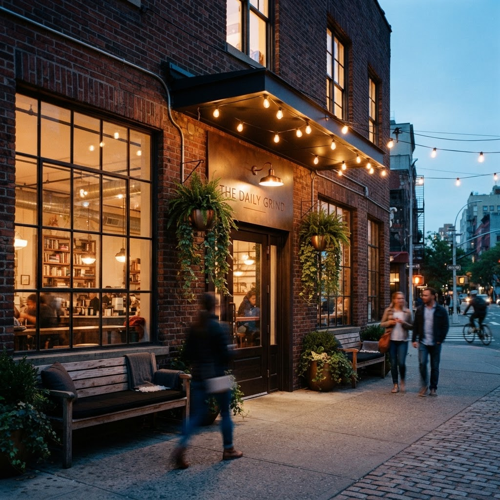 Cafe storefront after dark