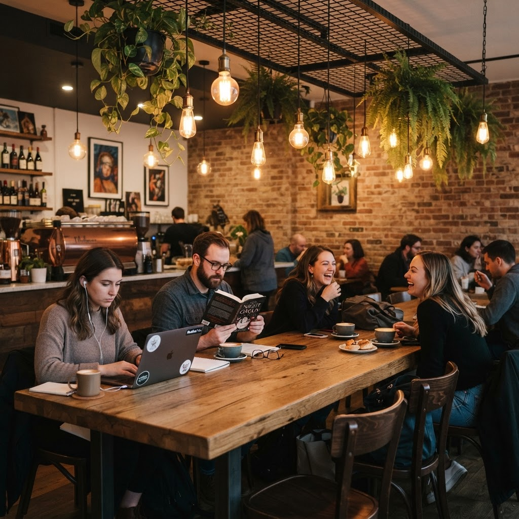 Guests and workers inside cafe