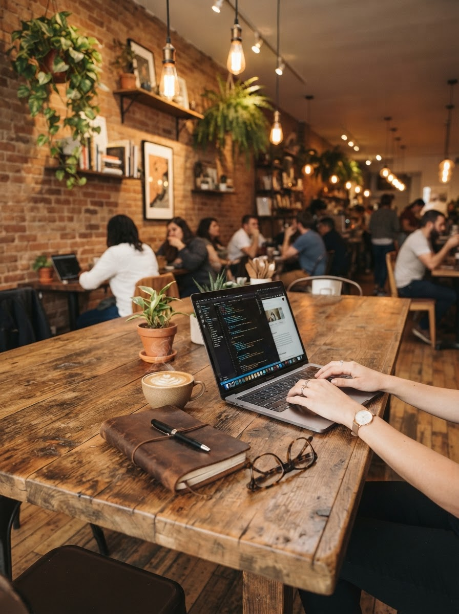 Roan and Grey cafe table with coffee and laptop