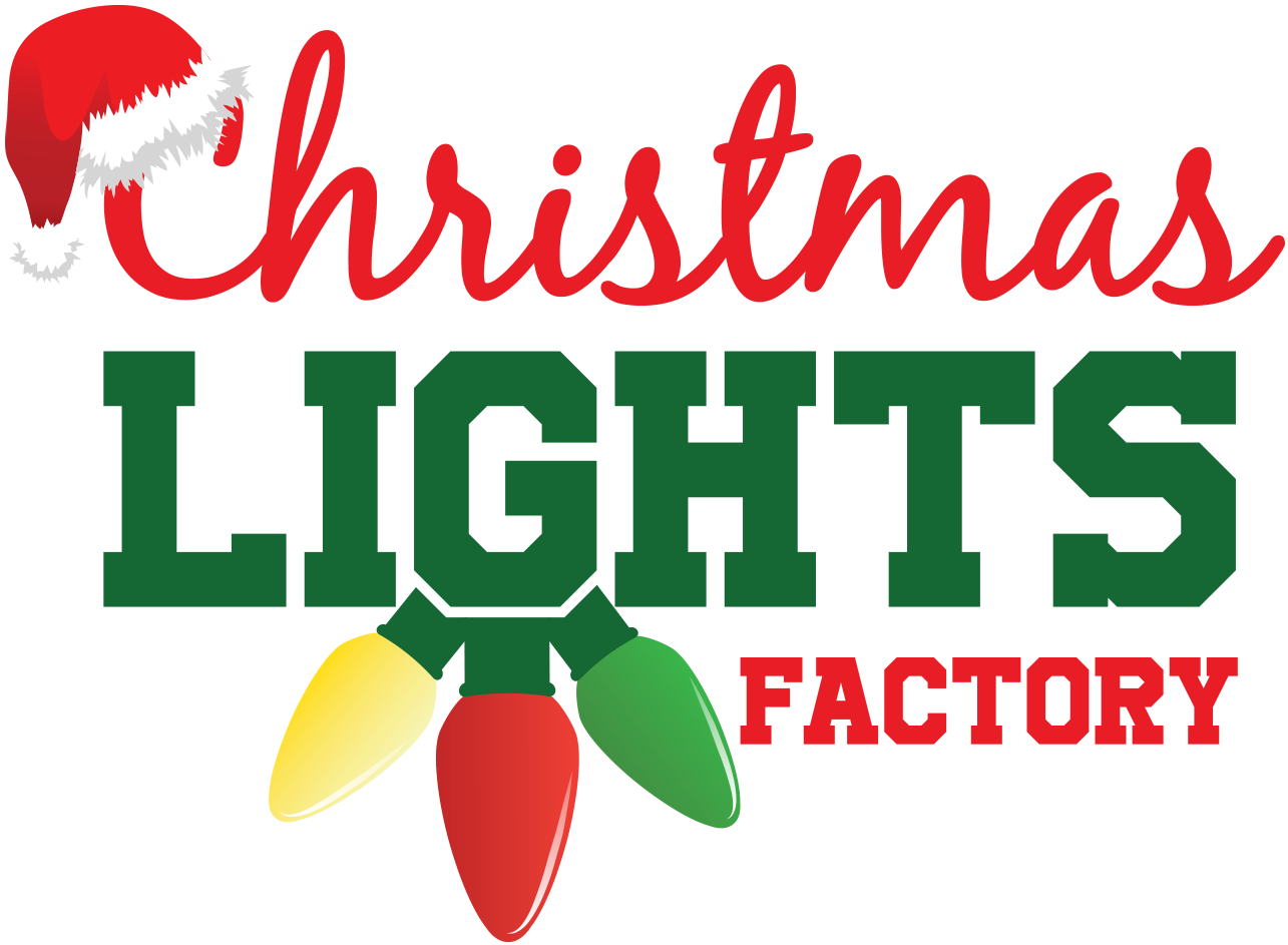 Christmas Lights Factory logo featuring a Santa hat, festive colors, and decorative light bulbs, representing professional Christmas light installation services in Portland, Oregon.