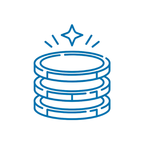A simple blue outline drawing of a stack of coins with a sparkle above them, suggesting value or wealth, on a transparent background.