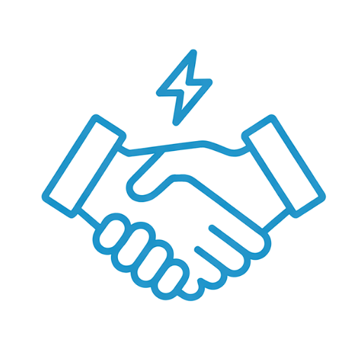 Blue outline of two hands shaking with a lightning bolt above them, symbolizing a powerful or energetic partnership, agreement, or collaboration.