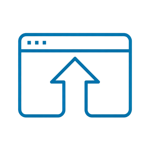 A blue outlined icon of a web browser window with an upward-pointing arrow in the center, symbolizing upload or file transfer.