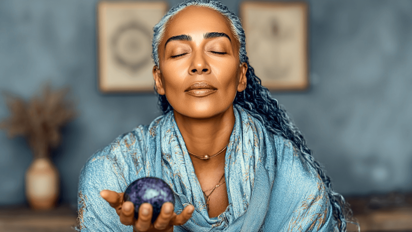 Woman in stillness holding a sphere, representing integration and calm