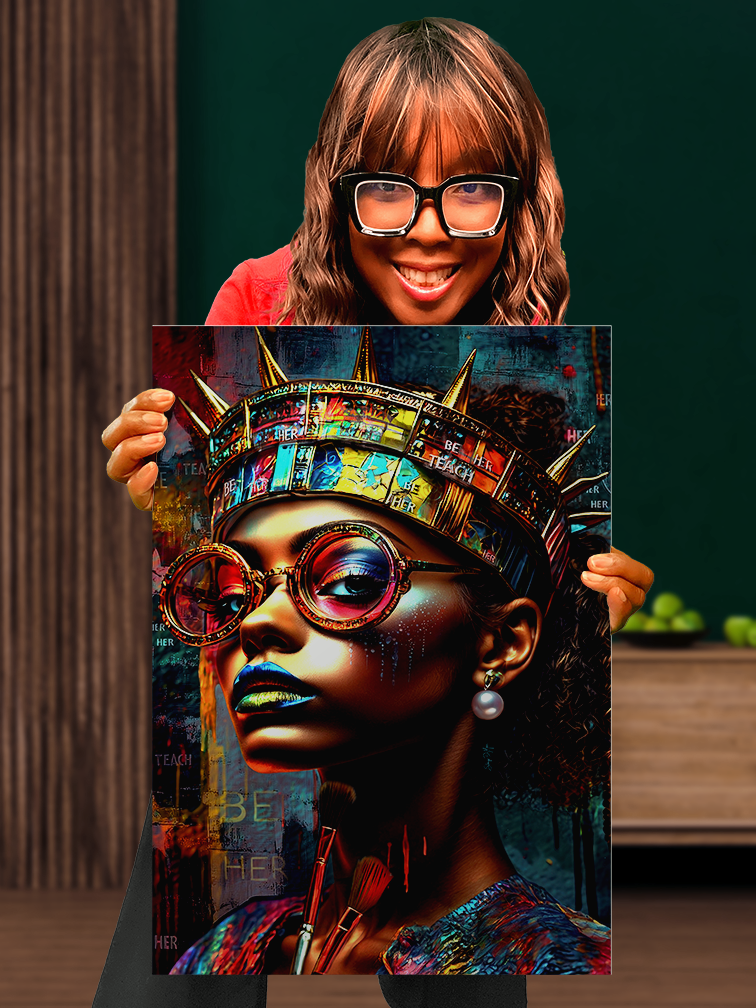 Dr. Stacey Denise holding Be Her artwork