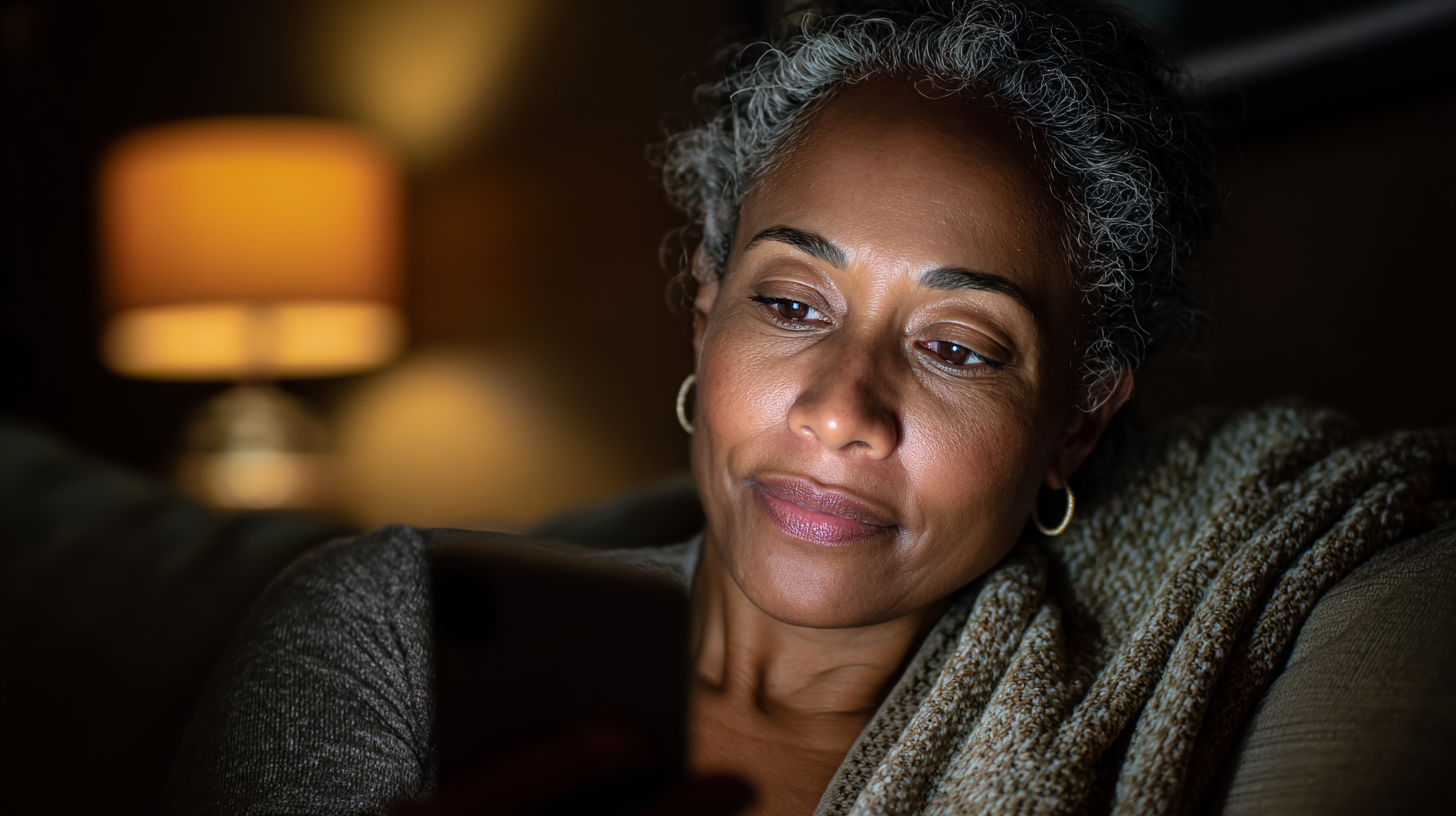 Black American woman looking at cellphone