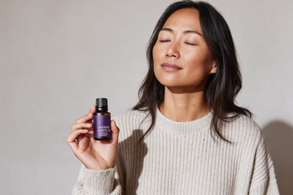Asian woman holding lavender essential oil bottle