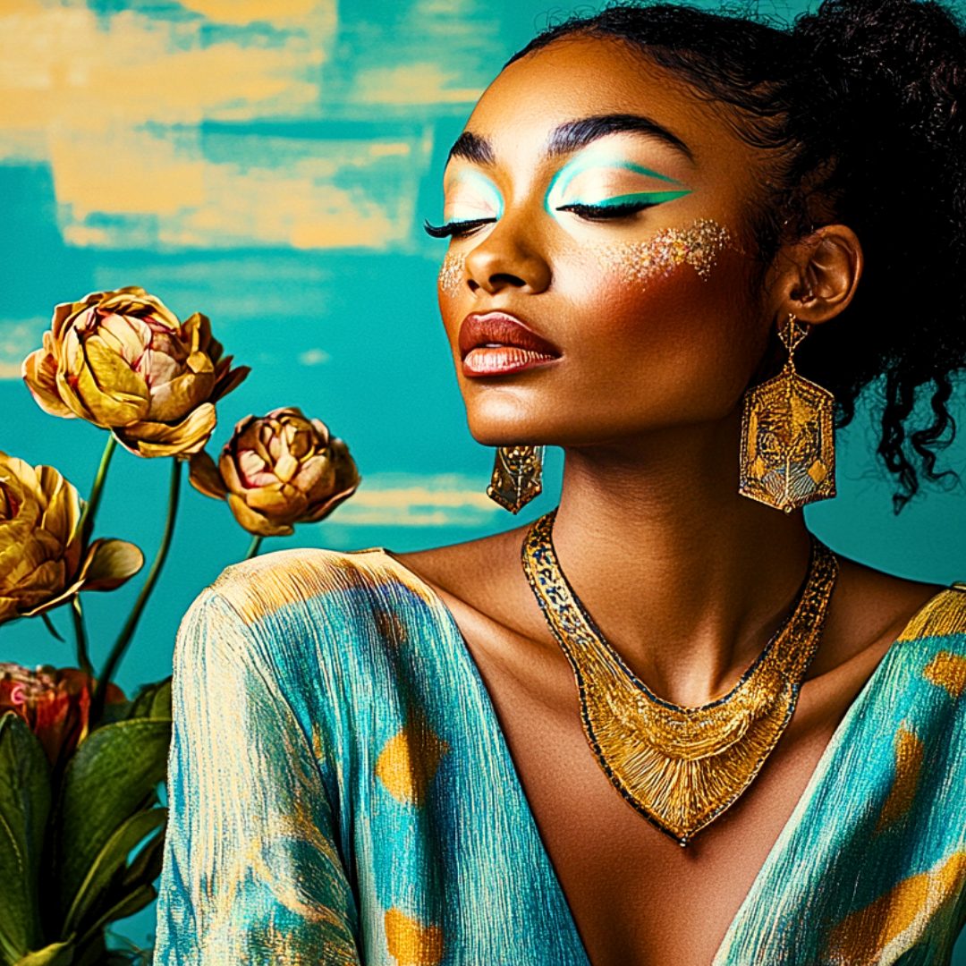 Woman in ceremonial gold and teal, eyes closed, inward and settled