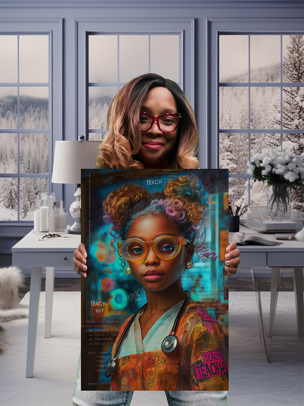 Dr. Stacey Denise holding Teach Her artwork