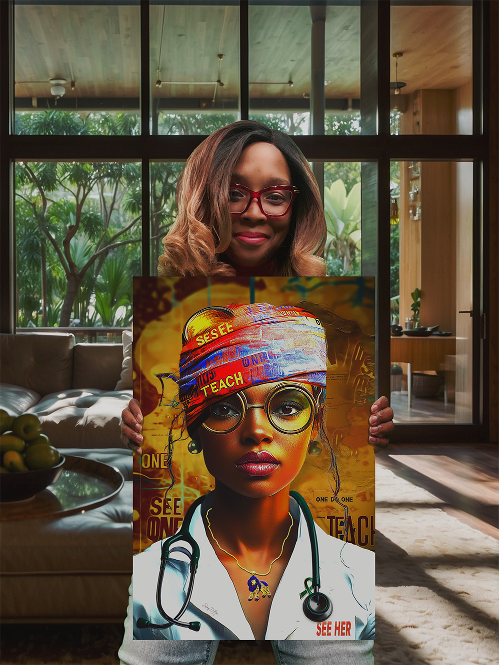 Dr. Stacey Denise holding See Her artwork