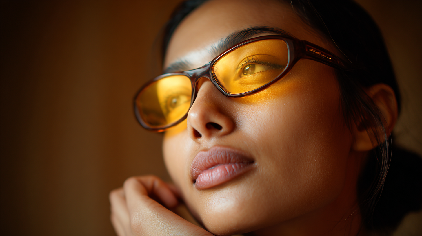 Woman wearing blue light blocking glasses
