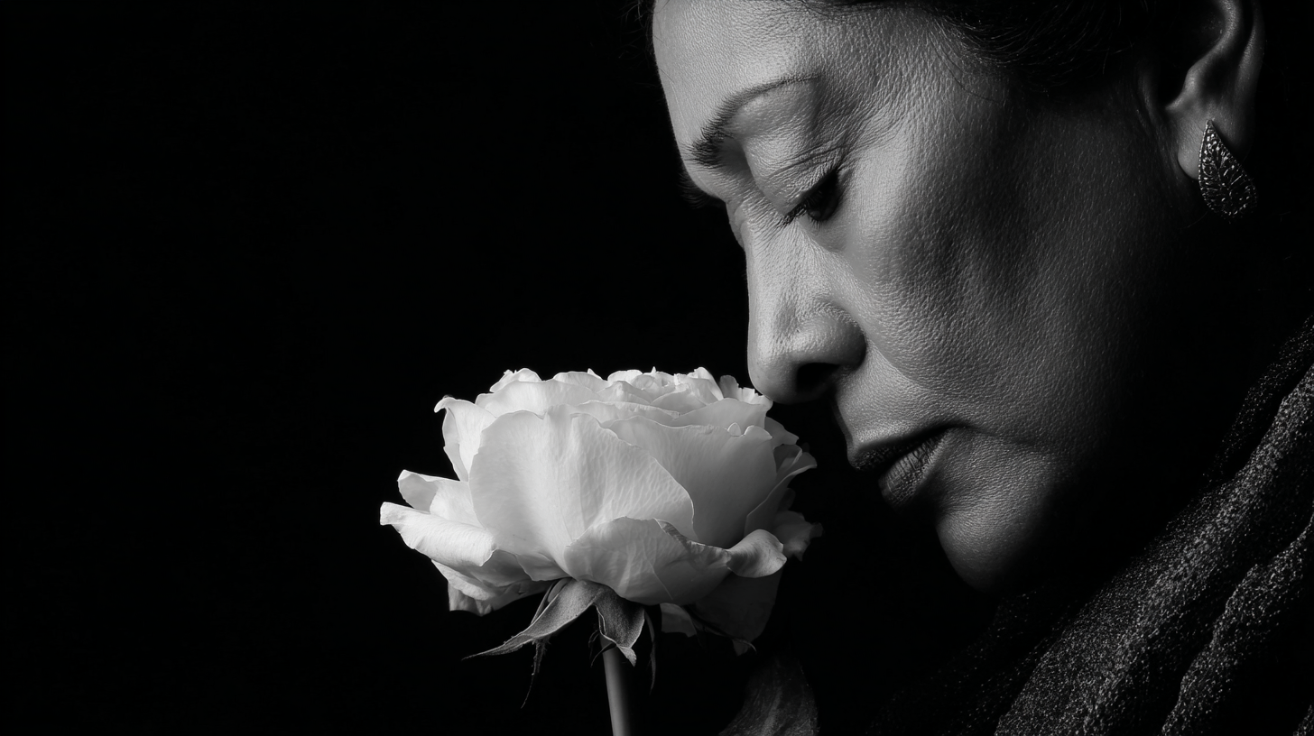 Woman mourning and smelling a flower