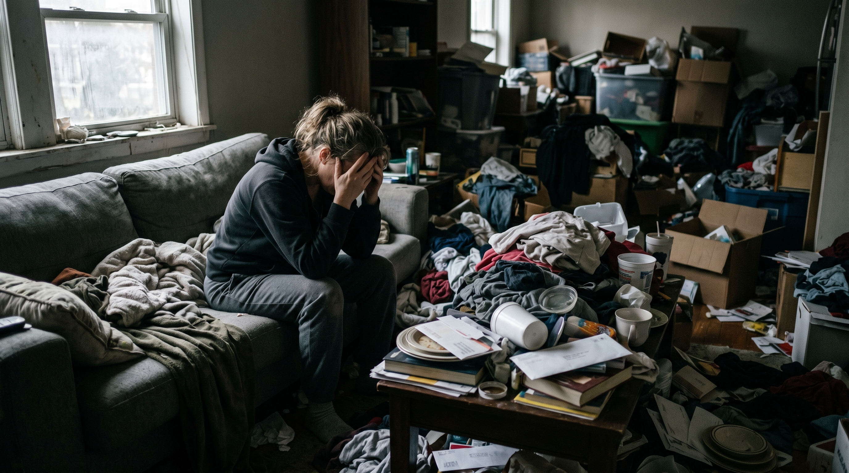 Woman in a cluttered house