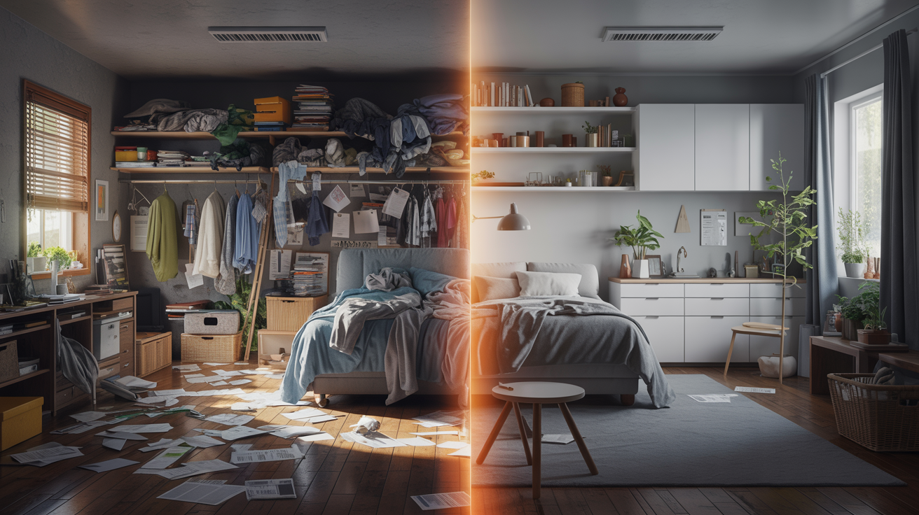 Diptych of messy and clean room