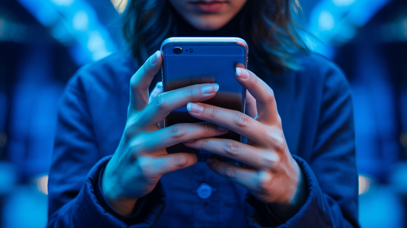 Woman holding cell phone in blue light at night.