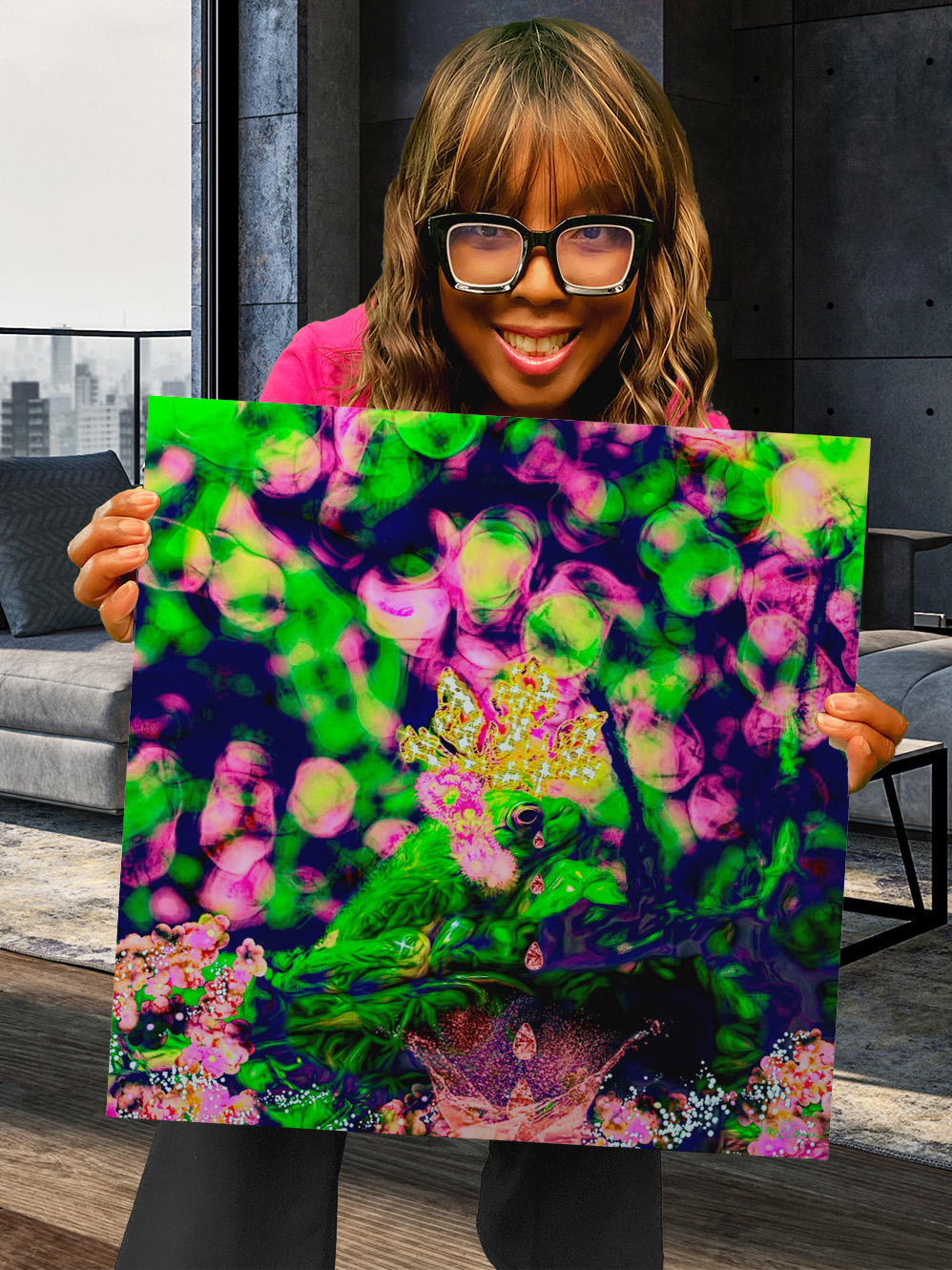 Dr. Stacey Denise holding Forgotten at the Bayou artwork