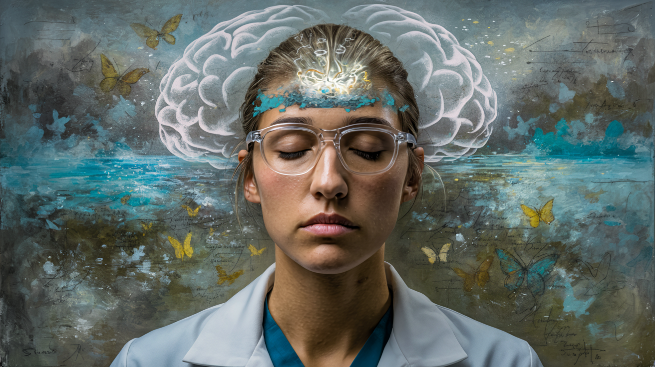 Female physician with artistic brain surrounding her