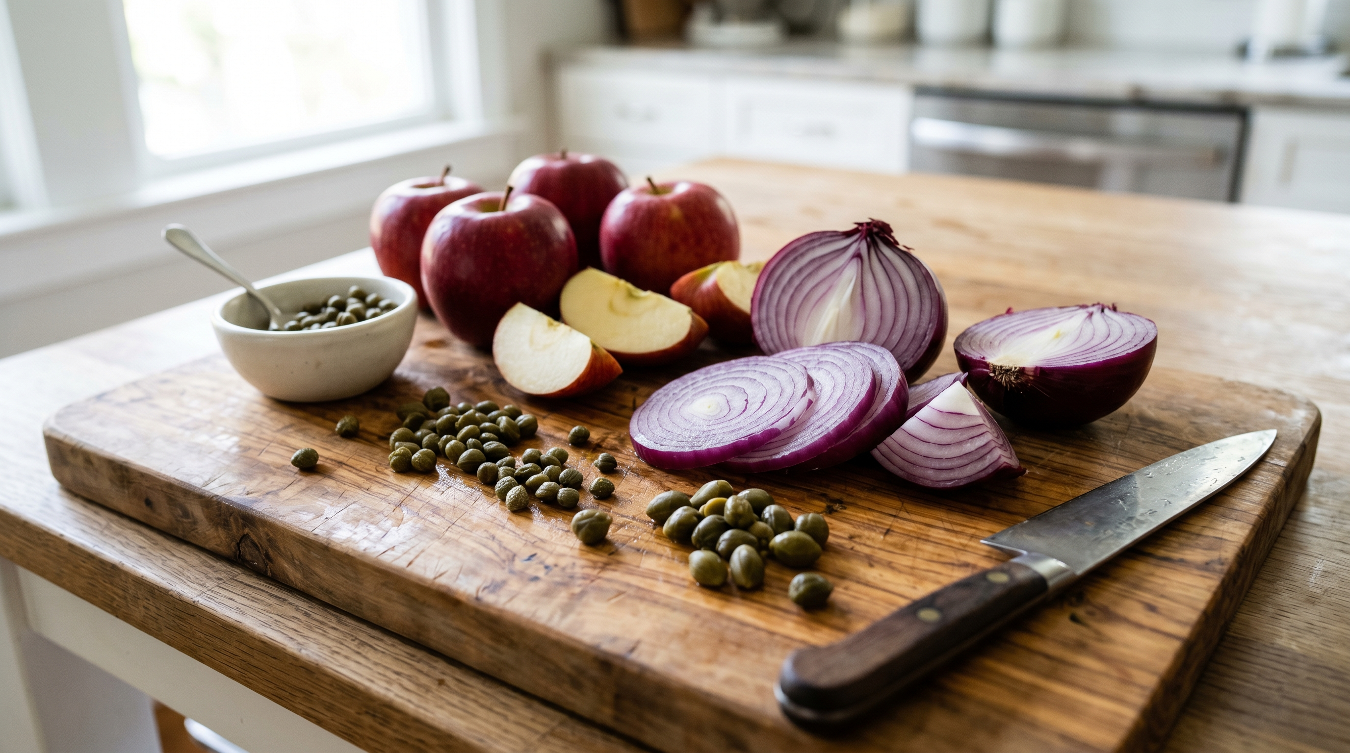 Apples, capers and onions on a board