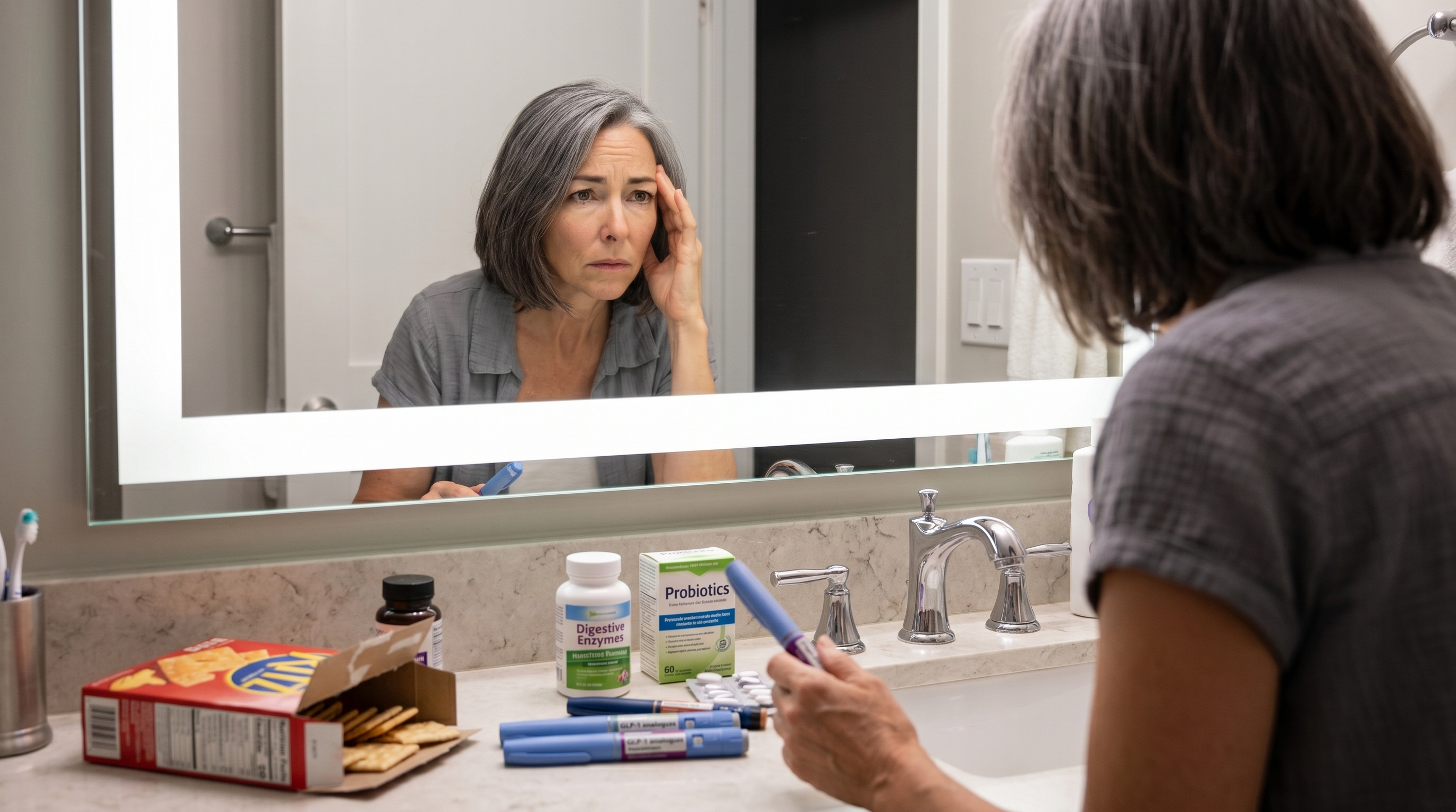 Woman using GLP1s looking in the mirror